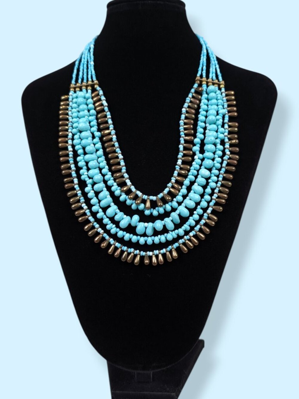 (2/$20) 5-Strand Blue & Metallic Gold Beaded Statement Necklace